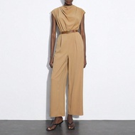 Women's Khaki Color Jumpsuit With High-Quality Belt, Versatile Sleeveless Ruched Design For All Seas