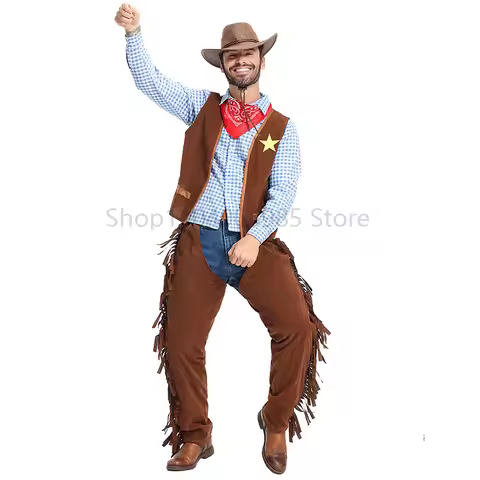 2025 Men's Rodeo Rider Holiday Fancy Dress Up Brown Wrangler Cowboy Outfit Wild Cattleman Adult Cost