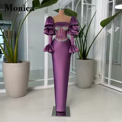 MONICA Attractive Rhinestones Evening Dresses for Women Mermaid Puff Sleeves Prom Dress Vestidos De 