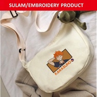 HAIKYU SHOYO HINATA KARASUNO HIGH ANIME EMBROIDERY(SULAM) NATURAL BEIGE CANVAS ZIPPER CROSSBODY SHOU