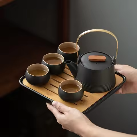 Quality Chinese Tea Set Hand-held Black Ceramic Teapot Teacup Set Kung Fu Tea Set Tea Box Purple San