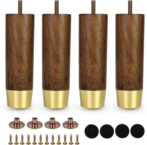 3/5/6 Inch Solid Wood Furniture Legs, 4Pcs Gold Cap Replacement Feet for Sofa, Cabinet, Dresser, TV 