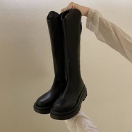 รองเท้ายาวสำหรับผู้หญิงสไตล์เกาหลีอัศวินรองเท้ามาร์ตินรองเท้าหนังสีดำแพลตฟอร์มส้นสไตล์อังกฤษ