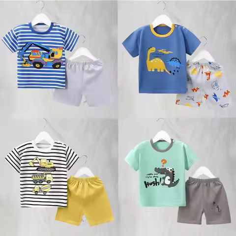 Cotton Pajama Cartoon T-Shirt+Shorts 2-Piece Clothing Set Kids Summer Baby Boys Girls Stripe Casual 