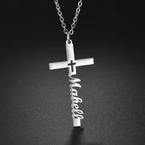 Personalized Name Cross Necklace Custom Stainless Steel Gold Necklace Cross Pendant Simple Design Fa