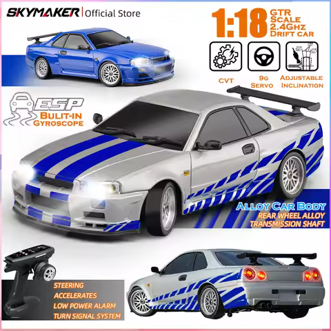 Skymaker LD1899 1/18 RC Drifting Car GTR R34 2.4GHz RWD with Gyroscope on-Road Alloy Body Shell Remo