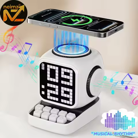 Cute Robot Style Alarm Clock with Bluetooth Speaker 15W Wireless Charging and Sleep Aid White Noise 