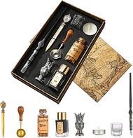 Joyeee Calligraphy Set, Antique Wooden Pen for Artists with Ink Set, Wax Seal Beads, Ink Cup, Letter Opener, Wax Melting Spoon and Metal Pen Holder, Birthday Gift Box