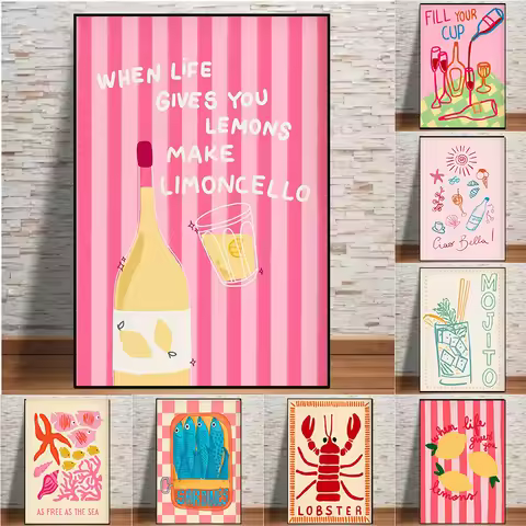 Summer Tropical Preppy Seashell Beach Poster Print Wine Lobster Canvas Art Painting Pictures Home fo