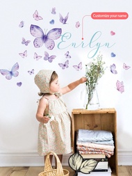1PC 120x30CM / 47.2x11.8Inch Custom Butterfly Name Wall Sticker - Floral Design With Personalized Na