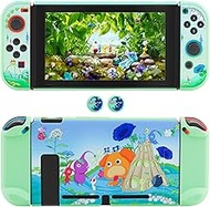 FUNDIARY Theme for Pikmin Dockable Case Compatible with Nintendo Switch Models, Anti-Scratch Hard PC Protective Cover Case Accessories Bundle for Switch Joycon Controller with 2 Thumb Caps - Green