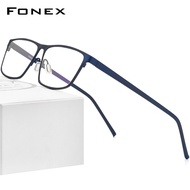 FONEX แว่นตาไทเทเนียมบริสุทธิ์สำหรับผู้ชายแว่นตาทรงสี่เหลี่ยมน้ำหนักเบาสไตล์เกาหลีแว่นตาสีเงิน871
