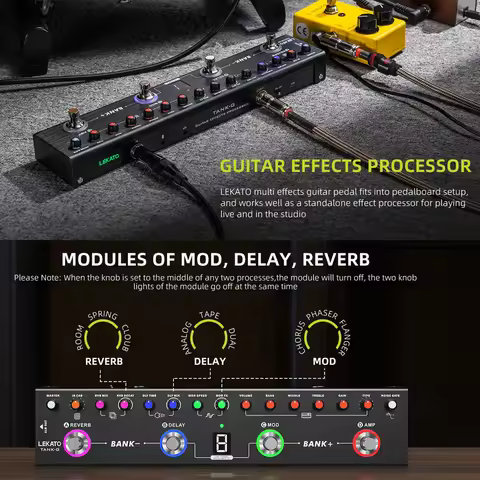 LEKATO Guitar Pedal 4 Modules Amp Chorus Delay Reverb Multi-Effects IR CAB Tuner BT Connection Music