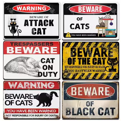 Beware of Cat Sign - Aluminum - Cat Door Signs - Attack Cat Sign - Cute Cats Warning Decor Signs for