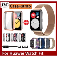 Same Color Huawei Watch Fit Strap+Case Huawei watch fit new , Huawei watch fit elegant Staineless steel Huawei Fit Magnetic Loop metal Strap Huawei Watch Fit Watch band Huawei Watch Fit Case Full Covered Plated Cover