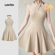 (New Arrival) Lovito Elegant Dress Criss Cross Ruffle Hem Button Spring/summer Khaki Dress for Women