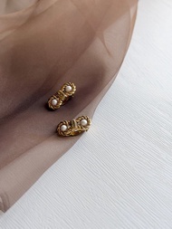 中古正品Celine思琳 鍍金麻花仿珍珠耳夾 耳環 獨一無二 禮物