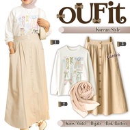 1 Set of Trendy Teenage Outfits - White Ribbon T-Shirt, Cream Button Skirt, Bella Square Hijab - GNK