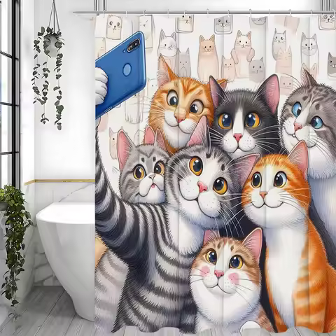 Cute Cartoon Cat Photo Shower Curtain, Bathroom Decorative Shower Curtain, Waterproof Shower Curtain
