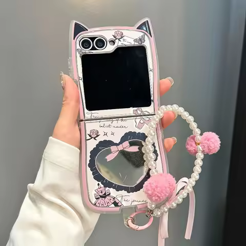 Cute 3D Cat Ear Love Mirror Case For Samsung Galaxy Z Flip 3 4 5 6 7 5G ZFlip6 ZFlip7 With Lanyard B