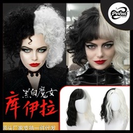 Black and white witch Cruella wig spotted dog Cruella women's full Black and White Witch COS Wigged 