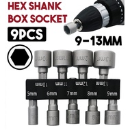 SOCKET ADAPTER  9PCS 5MM-13MM HEX SHANK BOX SOCKET SET BITS ADAPTER 1/4" LONG HEX SHANK