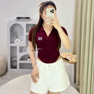 Crop Top V Neck Oval Short Sleeve / Women's Top V Neck Logo Number-89 Crop Top Women