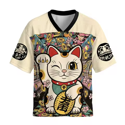 Retro Japanese Lucky Cat Pattern, Retro Daruma Coin Cherry Blossom Top, Harajuku Style Unisex Street