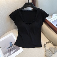 ทันสมัย เสื้อยืดคอยูแขนสั้น ผู้หญิง สลิมฟิต ปมผีเสื้อ ลูกไม้ Edge เสื้อท่อนบน ฤดูร้อน คอลเลกชัน 2024