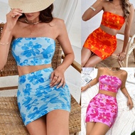 Floral Strapless Top + Tight Skirt Set Songkran Outfit Y2k