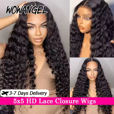 Wow Angel 34in Deep Wave Wigs 5x5 HD Lace Closure Wigs Melt Skins Glueless Human Hair Wigs Wear To G
