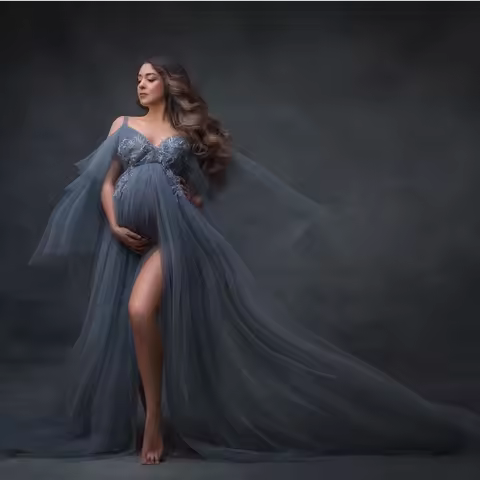 Dusty Blue Maternity Dress Women Fluffy Tulle Photoshoot Gown Front Split Lace Applique Baby Shower 