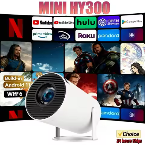 4K Ultra HD 2025 MINI HY300 Portable Projector 300ANSI Android 11 BT54 Electronic Focus Built in Spe