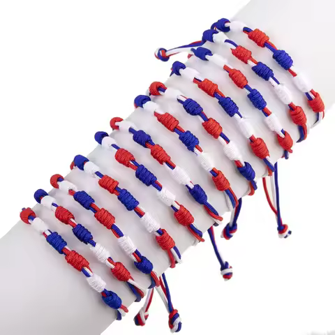 12-Piece Set American Independence Day Flag Six-Star Knot Woven Bracelet Unisex Fashionable Festival