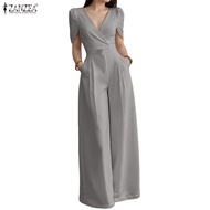 ZANZEA Women's Vintage V-Neck Puff Sleeve High-Waist Wide-Leg Jumpsuit