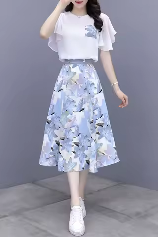 Women's Suits Summer 2022 New Fashion Casual Slim Temperament Floral T-shirts Skirts Female Two Piec