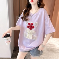 2024Summer New Korean Style Heavy Industry Beads Lace Bear Short SleeveTT-shirt Women's Loose Western Style Top T-shirt Fashion