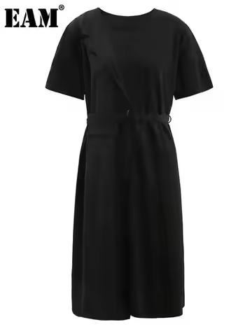 [EAM] Women Black Irregular Belted Big Size Midi Dress New Round Neck Short Sleeve Fashion Tide Spri