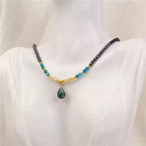 Vintage Blue Apatite Water Drop Pendent Necklace Natural Amethysts Hematite Stone Bead Necklace Eleg