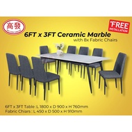 6FT x 3FT Ceramic Marble Table With 8 Cushion Fabric Chiars Meja Makan 8 Seater Marble Dining Set Furniture