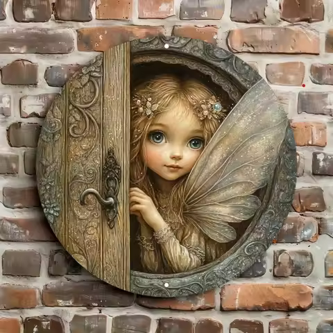 2D Enchanted Fairy Door Wall Art Metal Peeking Fairy with Vibrant Eyes Wings for Home Outdoor Party 