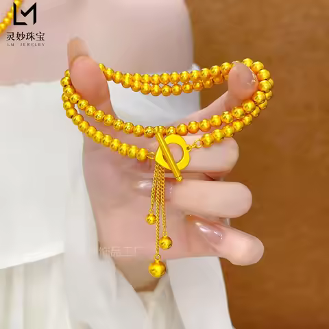 9999 24K gold antique fashion round bead gold necklace women's gold jewelry