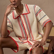 2pcs/Set Men's Knit Fashion Casual Loose Short Sleeve Collared Knit Fall Sweater Top And Elastic Wai