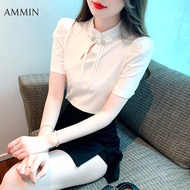 AMMIN เสื้อผู้หญิงแขนสั้นคอปกย้อนยุคเสื้อชีฟองสีขาว2023ใหม่สไตล์ประจำชาติจีนหัวเข็มขัดเสื้อบางและอเนกประสงค์