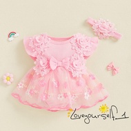B930G-Baby Girl 2Pcs Summer Outfits Fly Sleeve Floral Embroidered Romper Tulle Dress with Headband S