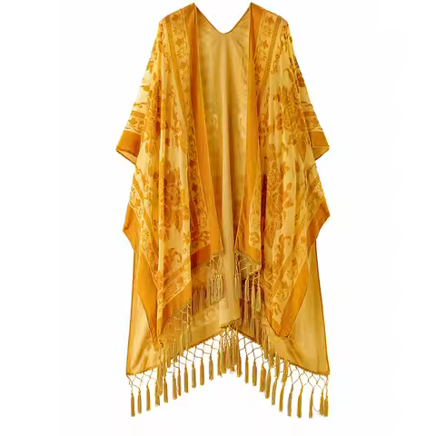 WeHello Burnout Velvet Kimono For Women Luxury Fashion Long Cardigan With Tassel Beach Cover-up Holi