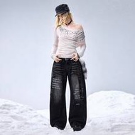 Y2K Retro Millennium Baddie Cross Stud & Letter Print Women's American Barrel Leg Jeans