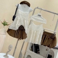 Short skirt set, pretty women's skirt set, lace 2-piece top set, rough skirt with camellia flowers, 