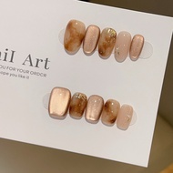 HANDMADE+Free Glue Artificial Nail Amber Smudged Gold Foil Brown Cat Eyes Fake Nail Phototherapy Nai