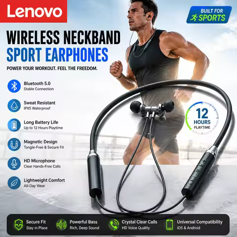 NEW Lenovo HE05X Neck Bluetooth 5.0 Headset Low Delay 8D Stereo Bass Sports Game Bluetooth Headset W